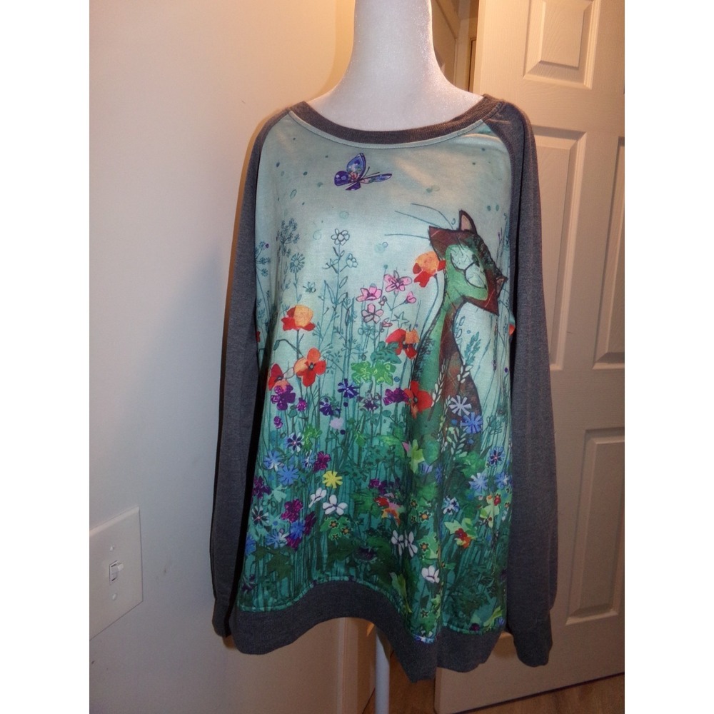 Cat Lover Long Sleeve Shirt Cotton Knit Top Size 2XL Butterfly Flowers